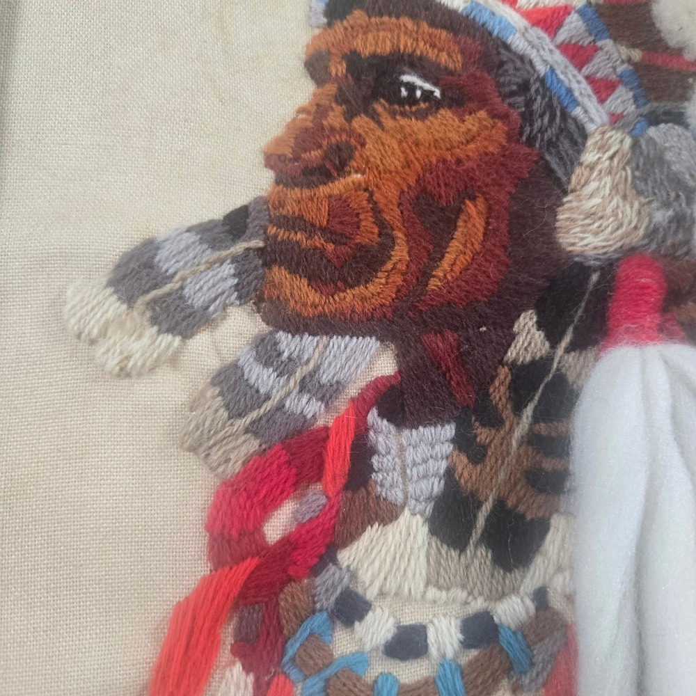 Vintage 1981 Hand Embroidery Needlepoint Native American Chief Framed Wall Art - Picture 4 of 16